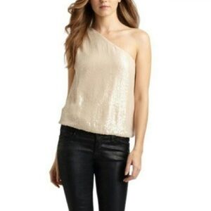 Alice + Olivia Sasha One Shoulder Sequin Neutral Cream Silk Top Small